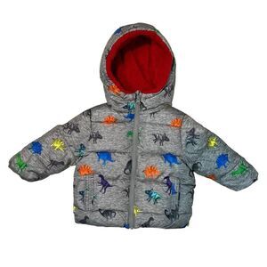 Swiss Tech Gray Dinosauer Fleece Lined Boys Puffer‎ Winter Jacket Toddler Sz 12M
